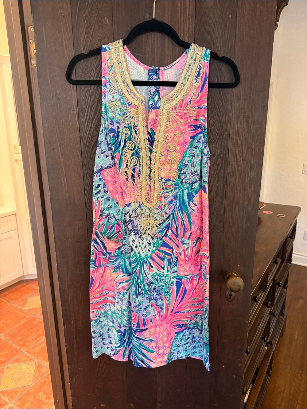 Lilly Pulitzer Pink, Blue and Gold Embroidered Dress Top
